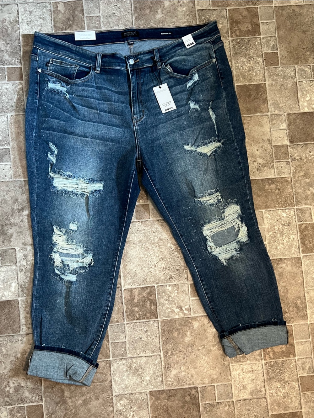 NWT 24W Judy Blue Mid Rise Blue Distressed Boyfriend Jeans